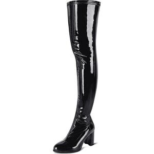 Women Black Patent Leather PU Thigh High Boots Pointed Toe Over The Knee Boots